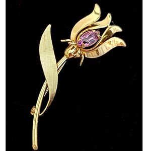 12K Gold 1/20 Brooch Purple Amethyst Tulip Flower Vtg Jewelry S24